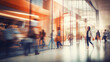 © Nico Vincentini - Blurred background featuring a modern shopping mall with various shoppers. Fashionable women are observing a showcase, captured with motion blur. Shoppers carrying shopping bags. Generative AI