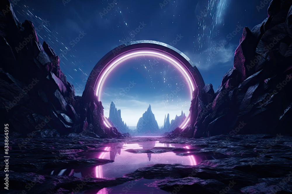 Abstract portal stone gate with neon circle glowing light in the dark ...