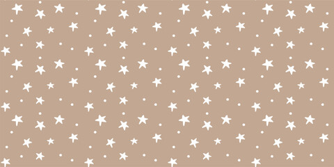 White stars on kraft paper background, seamless texture for gift wrapping, abstract childish starry vetor graphic pattern