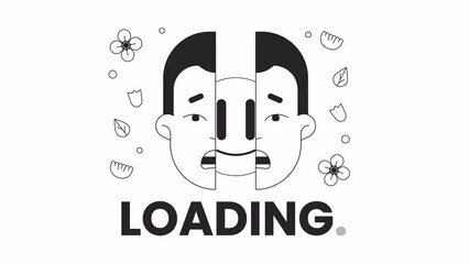 Poster - Shy guy split face bw loading animation. Emoticon smiling inside shocked man outline 2D cartoon concept 4K video loader motion graphic. Introvert hiding feelings animated gif isolated on white