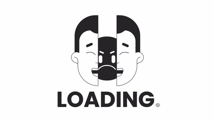 Poster - Hypocrite fake guy split face bw loading animation. Happy man head breaking apart surreal outline 2D cartoon concept 4K video loader motion graphic. Bipolar disorder animated gif isolated on white