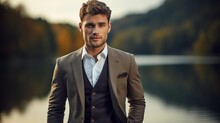 Young Handsome Man In Classic Suit Over The Lake Buttoning His Jacket