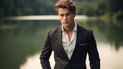 Wall Mural - Young handsome man in classic suit over the lake buttoning his jacket