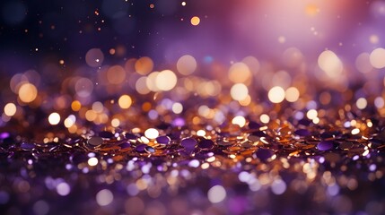 Christmas Golden light shine particles bokeh on purple background. Holiday concept. Abstract background with Dark purple and gold particle.	