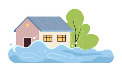 Fototapete - Flooded house semi flat colour vector object. Natural disaster. Flood. Editable cartoon clip art icon on white background. Simple spot illustration for web graphic design