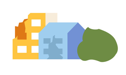 Poster - Broken residential buildings semi flat colour vector object. Damages after disaster. Editable cartoon clip art icon on white background. Simple spot illustration for web graphic design