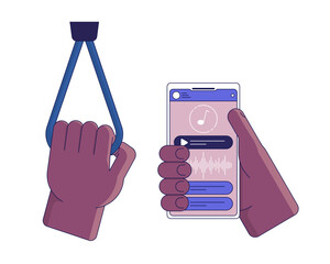 Poster - Holding smartphone flat line concept vector spot illustration. Safety trip. Handrail in transport 2D cartoon outline hand on white for web UI design. Editable isolated color hero image