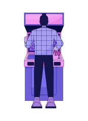 Poster - Young man playing arcade flat line color vector character. Leisure. Hobbie. Editable outline full body person on white. Simple cartoon spot illustration for web graphic design
