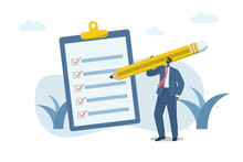 Quality Control Or Document Compliance. Confirm The Business Plan Checklist With A Checkmark. Inspection, Survey, Businessman Holding Big Pencil To Write Documents. Vector Design Illustration.