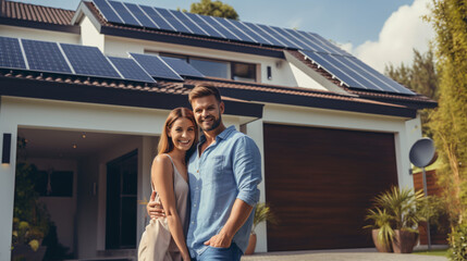 Wall Mural - A happy couple stands grinning in the driveway of a spacious home equipped with solar panels, against a modern background. Real estate new home concept.

Generative AI