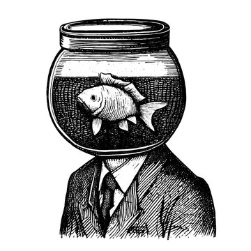 person wearing a suit with a fish tank head illustration