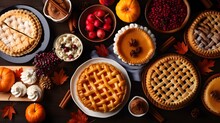 Autumn Food Concept. Selection Of Pies, Appetizers And Desserts. Top View Table Scene Over A Rustic Wood Background. AI Generative