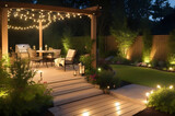 Fototapeta Uliczki - Discover the enchanting allure of a beautiful house patio elegantly illuminated by the warm glow of garden lights, creating a serene and inviting ambiance for relaxation and gatherings