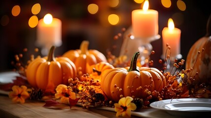 Autumn table setting with pumpkins and candles. Fall home decoration. Generative AI