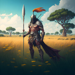 Ancient warrior with the magic spear standing in the meadow