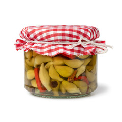 Wall Mural - Glass jar with homemade pickled caigua or slipper gourd close up isolated on white background