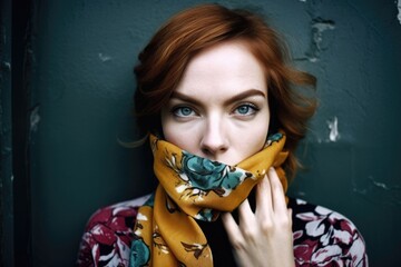 Wall Mural - a fashionable young woman holding a scarf in front of her face