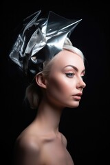 Poster - shot of a beautiful young woman wearing futuristic headwear