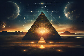 Sticker - Pyramid surrounded by planets in the night. Esoteric, ancient wisdom and astrology concept.