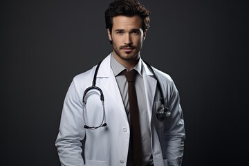 Wall Mural - Portrait of a young middle-aged male doctor in white clothes with a stethoscope on a dark background.