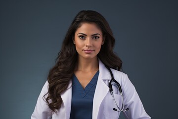 Wall Mural - Portrait of a Latino-American young female doctor in a white coat with a stethoscope against a dark background.