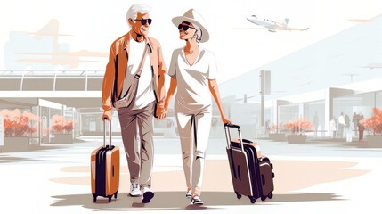 Portrait of elegant old happy couple man and woman standing together on the territory of the airport AI