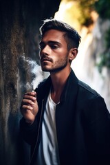 shot of a handsome young man standing alone outside and smoking