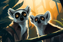 Cute Ring-tailed Lemurs Cartoon Illustration