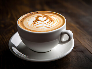 A beautiful cup of cappuccino with latte art in the wooden space background. Trendy toning. Minimal composition, hipster vibes.