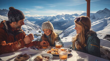 Generative AI, Family On Vacation In A Ski Resort In The Snowy Mountains, Skiing, Travel With Children, Mountain Landscape, Winter Sports, New Year Holidays, Tourism, Children