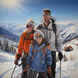 © Julia Zarubina - Generative AI, family on vacation in a ski resort in the snowy mountains, skiing, travel with children, mountain landscape, winter sports, new year holidays, tourism, children