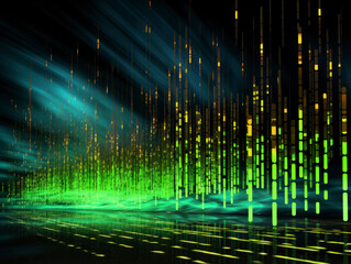 Wall Mural - matrix-inspired glitch background with flowing streams of neon green binary code on a pitch-black ca