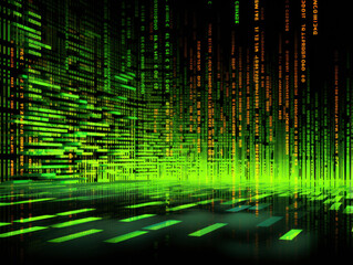 Wall Mural - Matrix-inspired glitch background with flowing streams of neon green binary code on a pitch-black canvas. The code should be represented as cascading lines of random ones and zeros