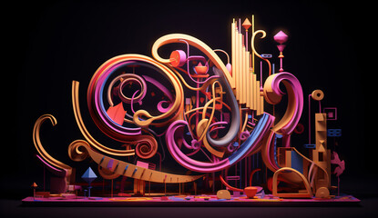 Wall Mural - futuristic and surreal sound sculpture with curved shapes, modern multicolor music background with abstract structure and musical notes