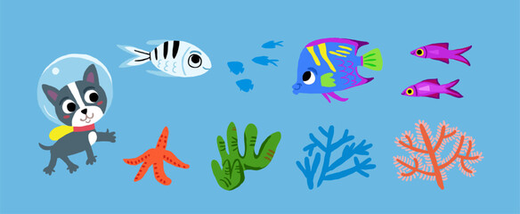 Wall Mural - Vector set of underwater characters from childrens picture book. Dog diving underwater, cute fish, corals, seaweed. Children illustration of underwater world. Vector illustration