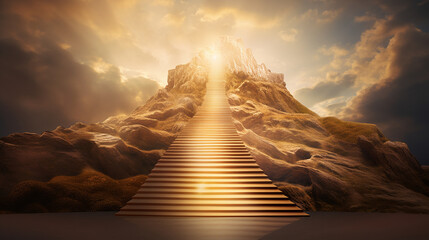 Staircase in stone mountain towards celestial light in golden hour