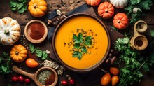 Pumpkin Soup With Vegetarian Cooking Ingredients, Wooden Spoons, Kitchen Utensils On Wooden Background. Top View. Vegan Diet. Autumn Harvest. Healthy, Clean Food And Eating Concept. AI Generative