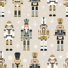 Seamless Christmas Pattern With Nutcrackers In Vector In Beige.