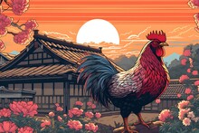 A Rooster Standing On A Rock In Front Of A House