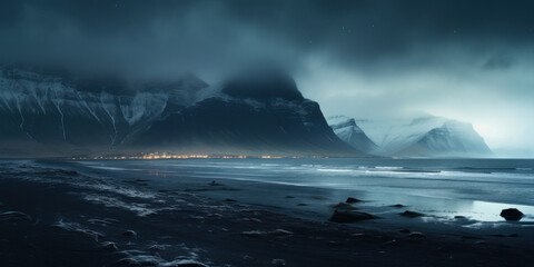 Wall Mural - Arctic seascape. Snow on mountain slopes and sandy beach. Small town lights on the opposite bank.