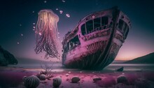 An Award-winning Photograph Of An Epic Surreal Underwater Landscape In The Year 3075 With A Swarm Of Glowing Jellyfish In The Twilight And A Vibrant Pink And Purple Color Scheme, Featuring An Ancin