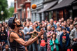 A street performer juggling a variety of objects with impressive skill, as the crowd watches the show. Documentary style, ultre wide angle shot. Generative AI.