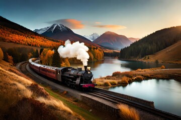 Wall Mural - steam locomotive train in the autumn panorama, generative Ai art