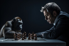 Business Man Playing Chess With A Monkey, Generative Ai Illustration