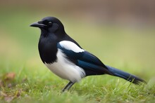 A Black And White Bird Standing On Grass