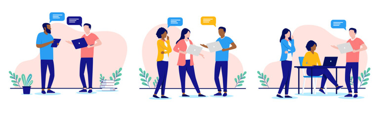 Fototapete - Colleague communication collection - Set of vector illustrations with people in office talking and having conversation while working on computers. Flat design with white background