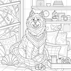 Dog with a blanket on the bed. Autumn.Coloring page antistress for children and adults. Illustration isolated on white background.