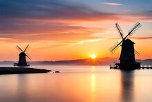 Windmill At Sunset  Generated Ai