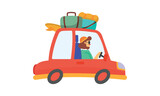 Fototapeta  - Flat design illustration of travel design with red and driver,  case on top car, use for web design, ui design, flat design 
