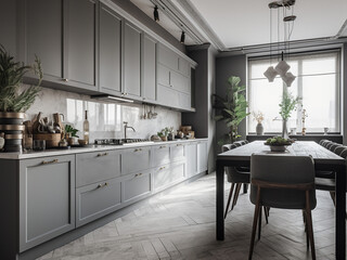 Wall Mural - Light grey kitchen designed for comfort and style. AI Generate.